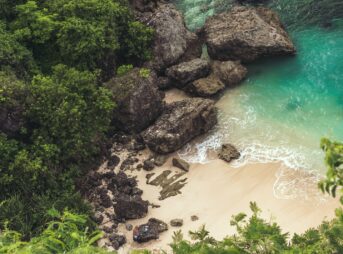 rock formation on body of water surrounded by trees during daytime