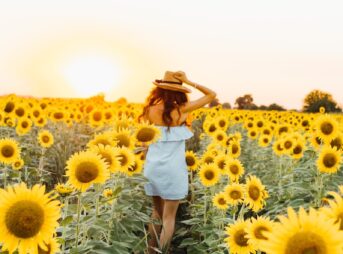 woman standing between sunflower field during daytime