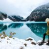 woman, hike, lake