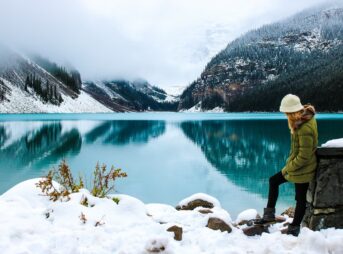 woman, hike, lake