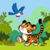 tiger, bird, cartoon